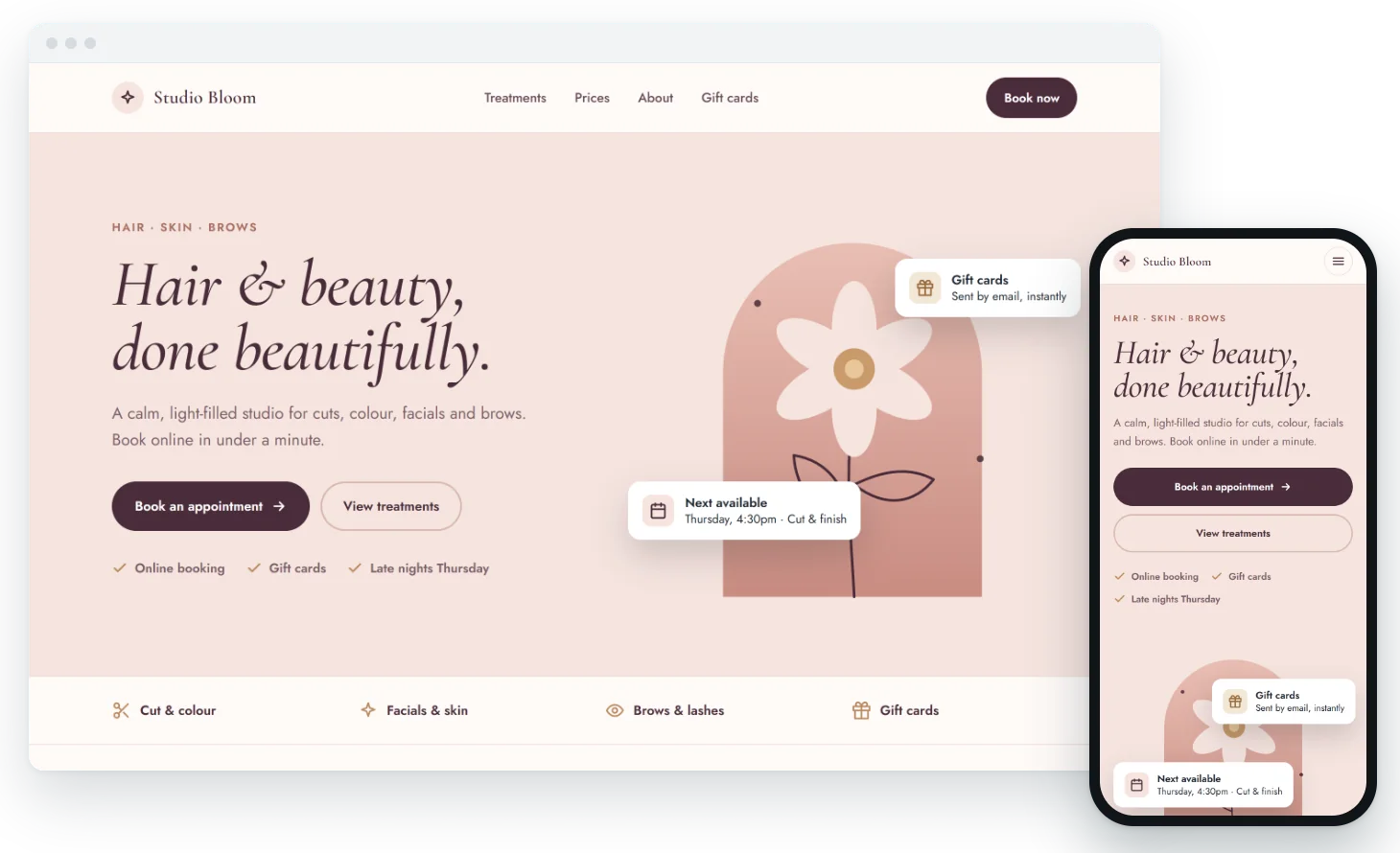Example website concept for a fictional beauty studio, Studio Bloom, shown on desktop and mobile