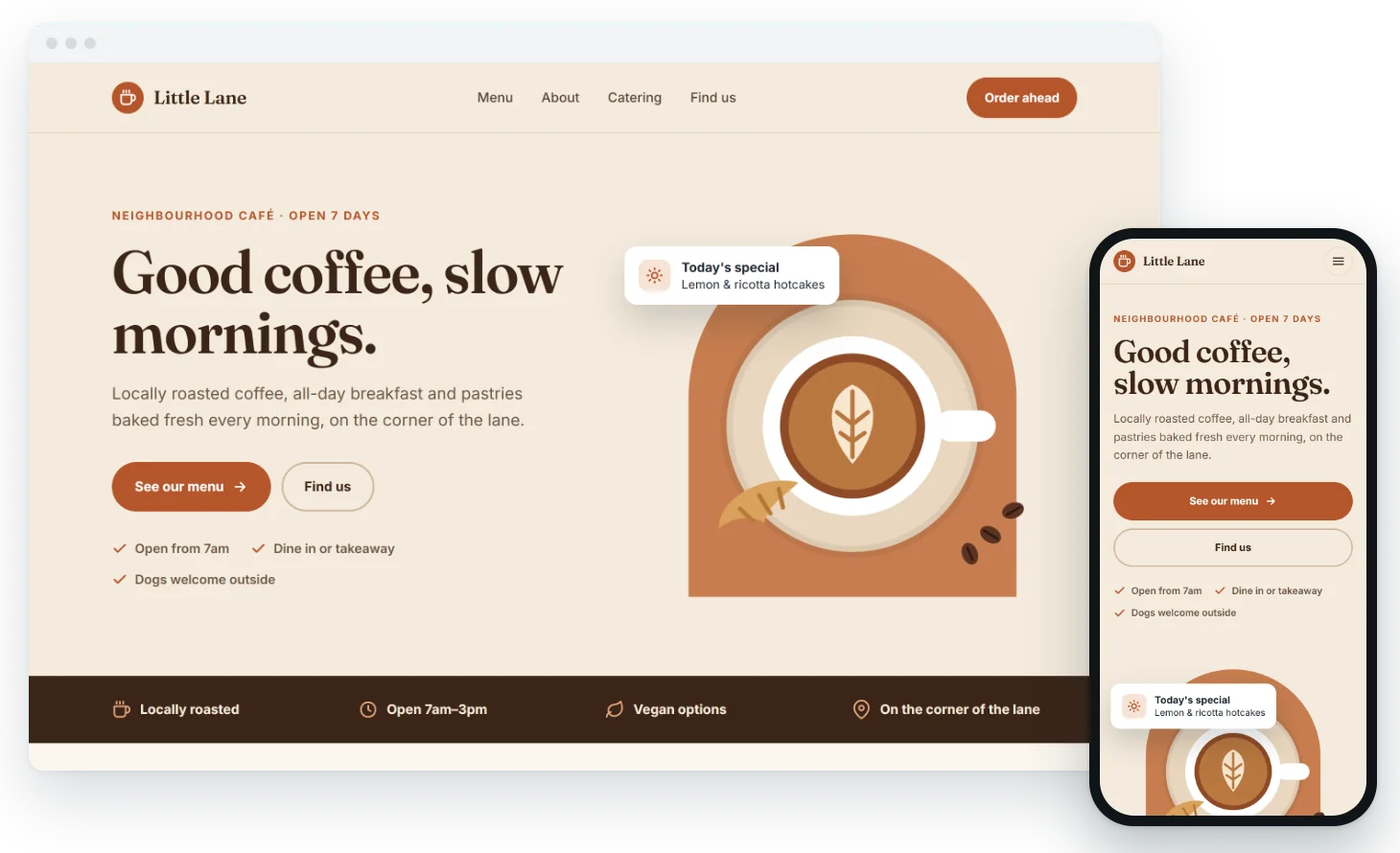 Example website concept for a fictional café, Little Lane Café, shown on desktop and mobile
