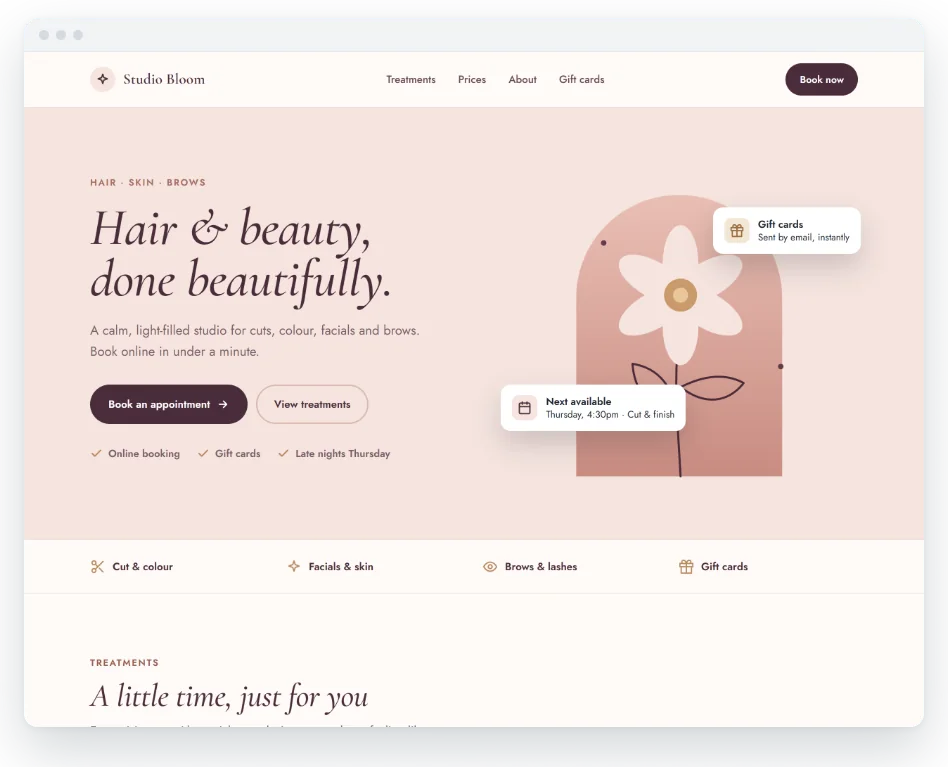 Example website concept for a fictional beauty studio, Studio Bloom