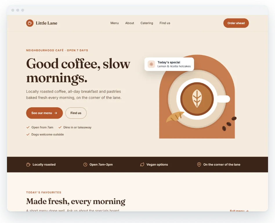Example website concept for a fictional café, Little Lane Café