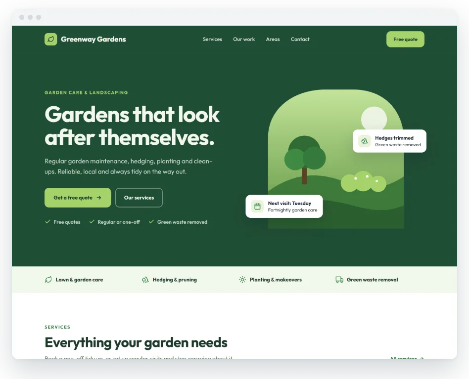 Example website concept for a fictional gardening service, Greenway Gardens