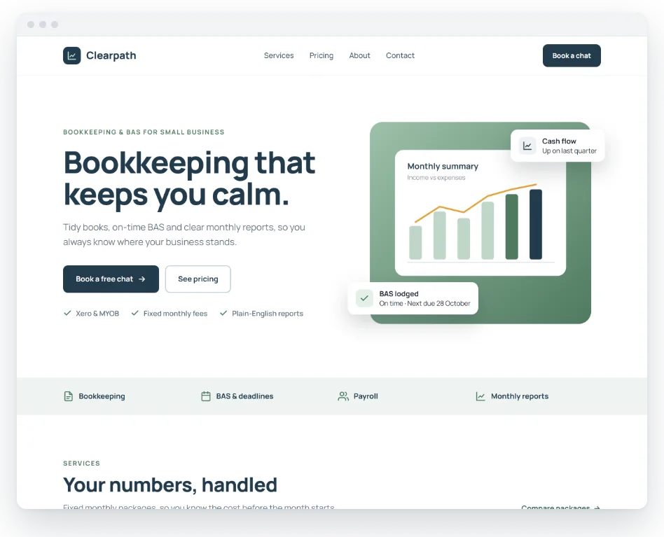 Example website concept for a fictional bookkeeper, Clearpath Bookkeeping
