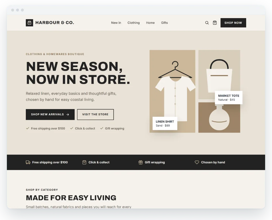 Example website concept for a fictional boutique, Harbour & Co.