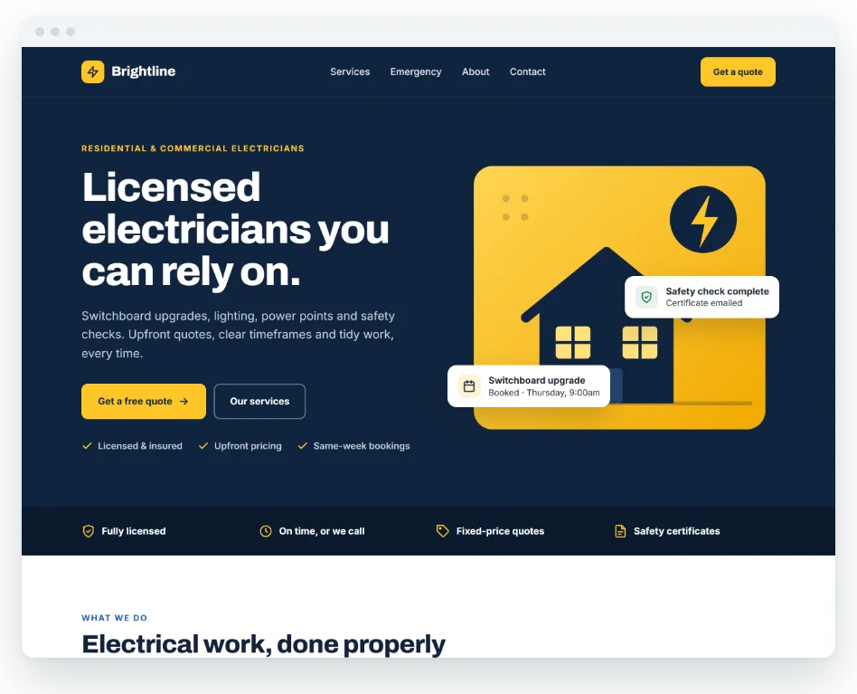 Example website concept for a fictional electrician, Brightline Electrical
