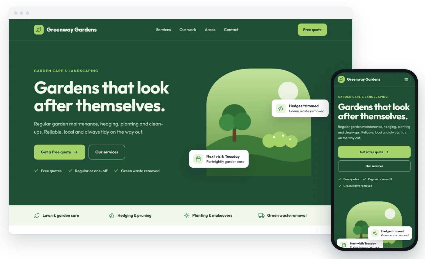 Example website concept for a fictional gardening service, Greenway Gardens, shown on desktop and mobile