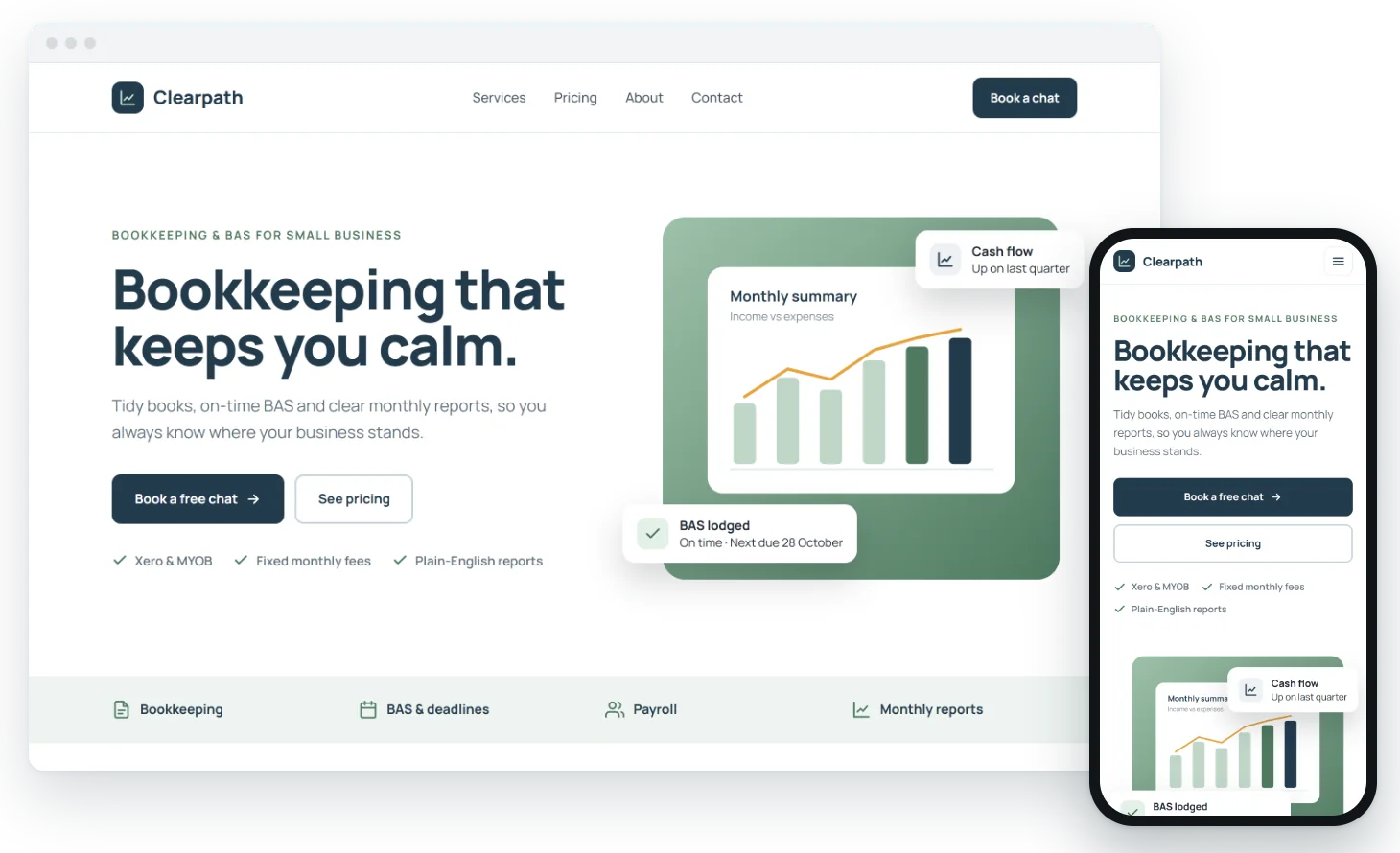 Example website concept for a fictional bookkeeper, Clearpath Bookkeeping, shown on desktop and mobile