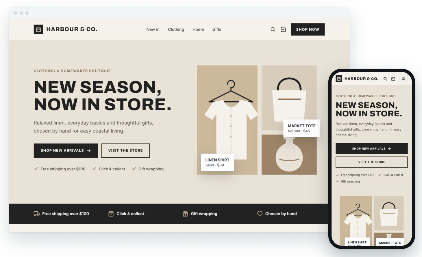 Example website concept for a fictional boutique, Harbour & Co., shown on desktop and mobile
