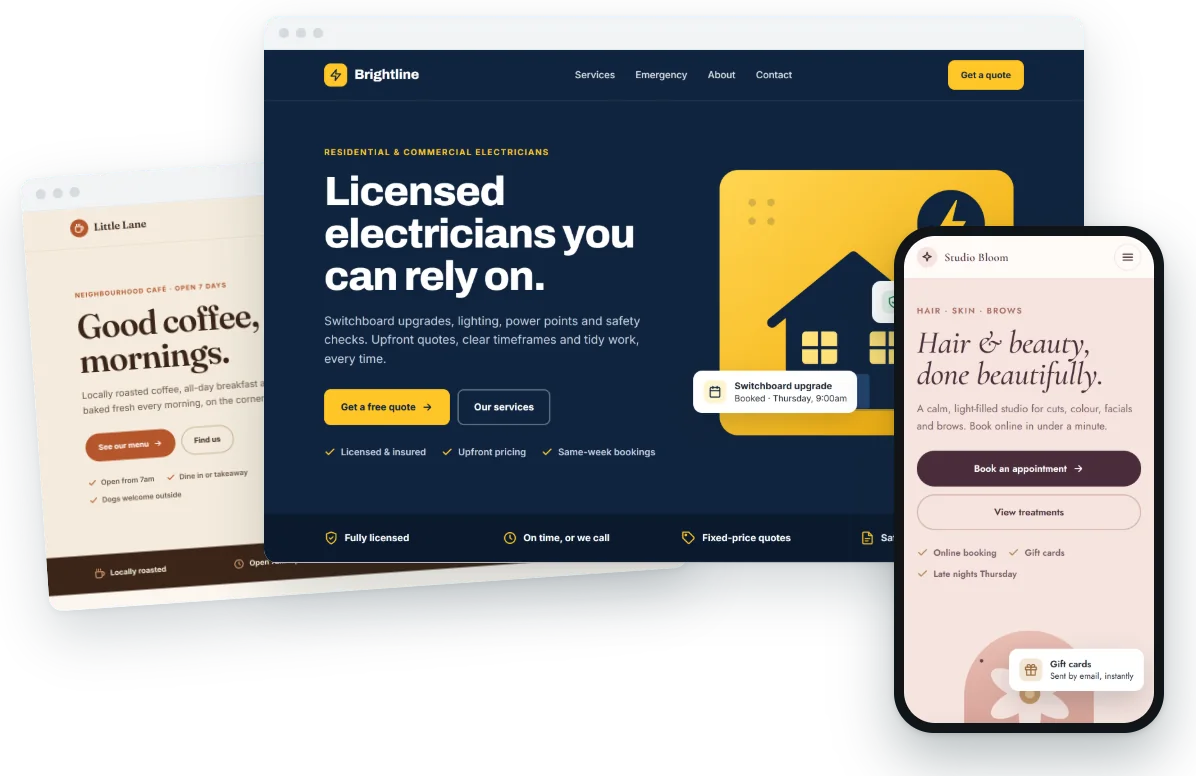 Example website concepts for a fictional electrician, café and beauty studio
