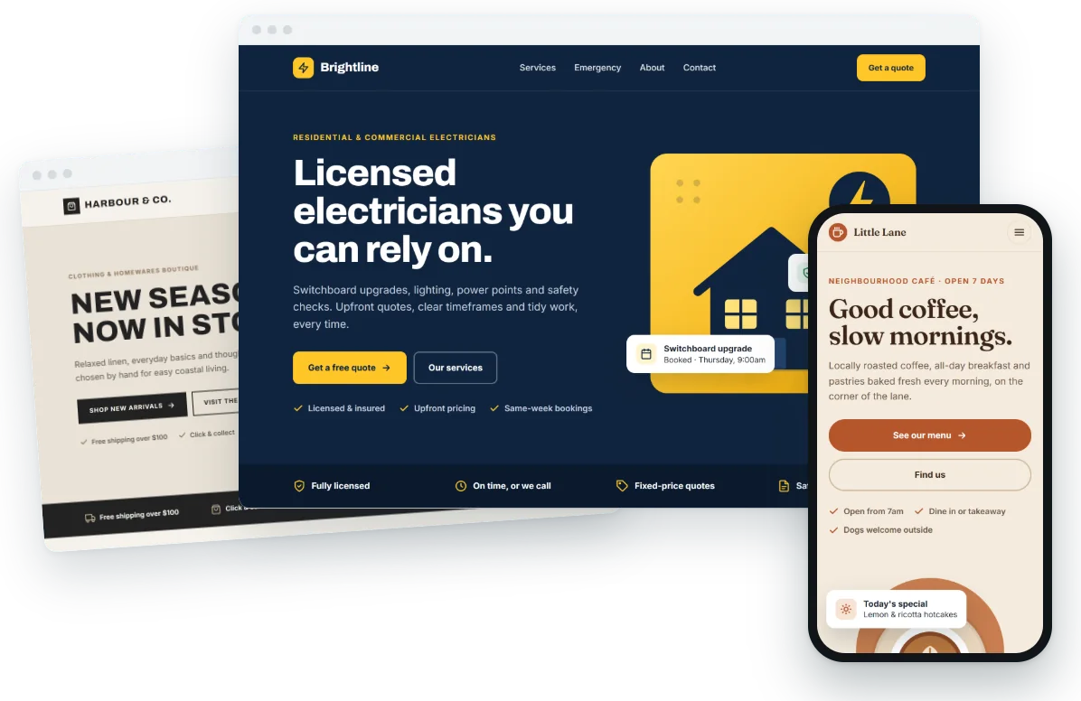 Example website concepts for a fictional electrician, boutique and café