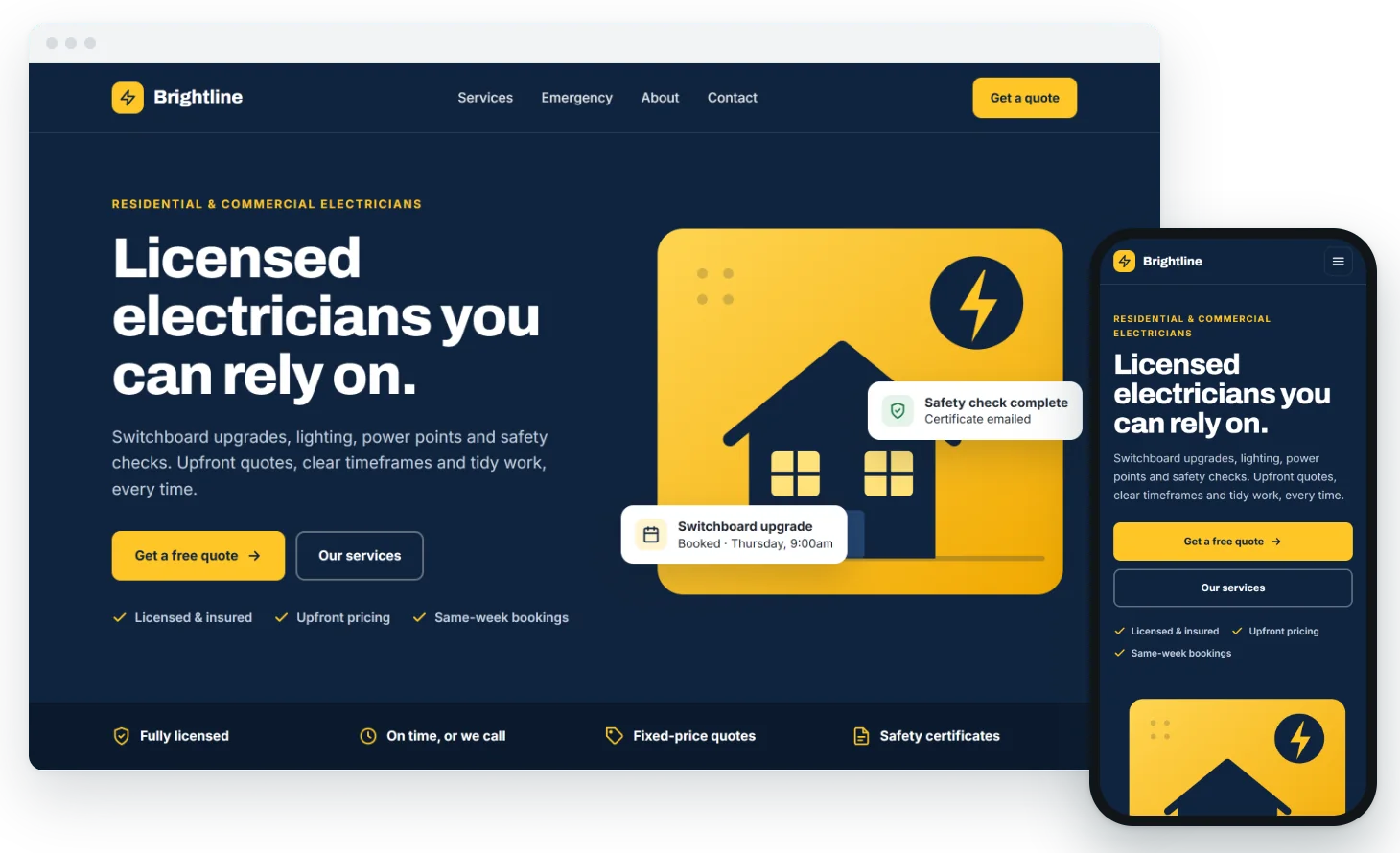 Example website concept for a fictional electrician, Brightline Electrical, shown on desktop and mobile