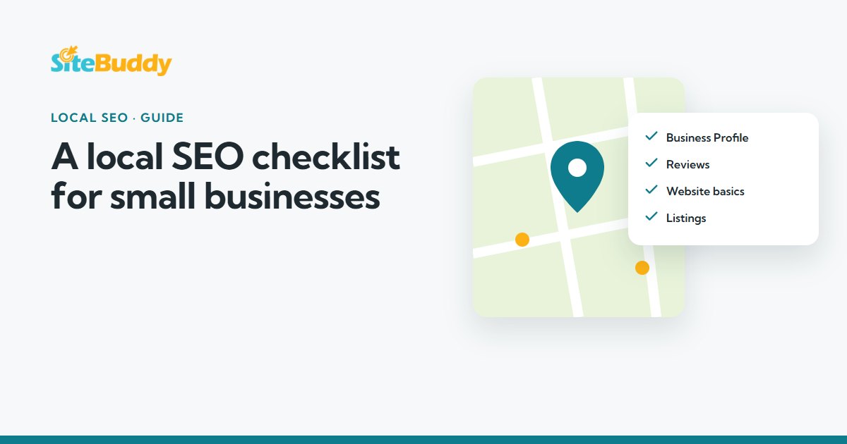 A map with a location pin next to a local SEO checklist of Business Profile, reviews, website basics and listings
